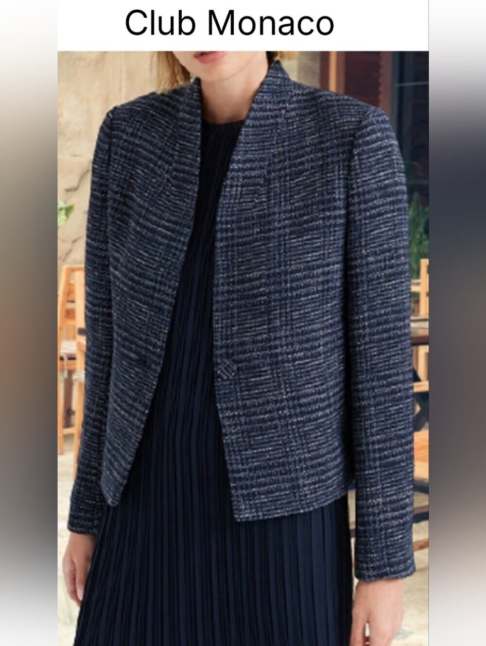 Club Monaco Navy Textured Collarless Tweed Blazer Sz 4 Like New